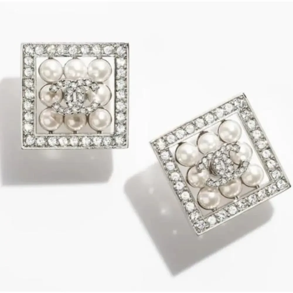 CHANEL 24P Crystal Glass Pearl CC Logo Silver Square Stud Earrings